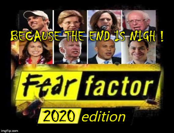 2020 Fear Factor Election | BECAUSE THE END IS NIGH ! 2020; edition | image tagged in fear factor,memes,2020 elections,the end is near,beto,bernie sanders | made w/ Imgflip meme maker
