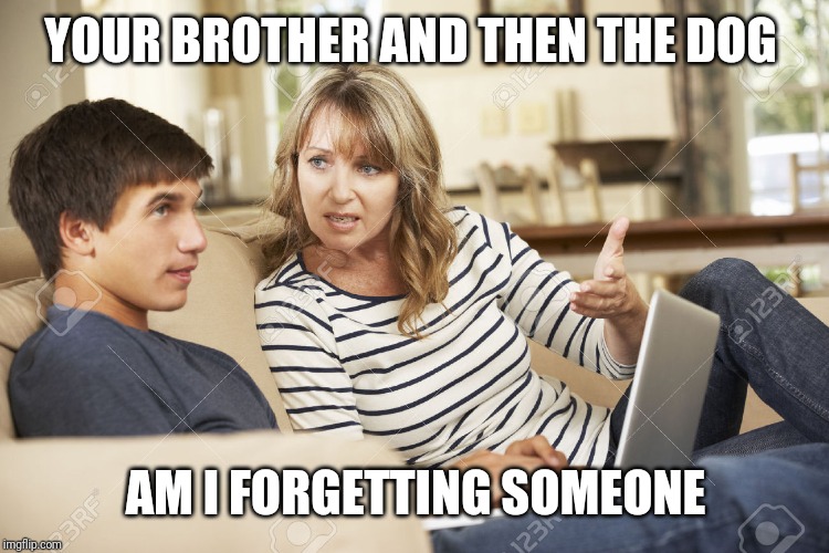 Mother and son | YOUR BROTHER AND THEN THE DOG AM I FORGETTING SOMEONE | image tagged in mother and son | made w/ Imgflip meme maker