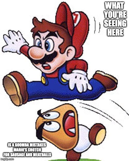 Mario Jumping Over a Goomba | WHAT YOU'RE SEEING HERE; IS A GOOMBA MISTAKES MARIO'S CROTCH FOR SAUSAGE AND MEATBALLS | image tagged in goomba,mario,super mario,memes | made w/ Imgflip meme maker