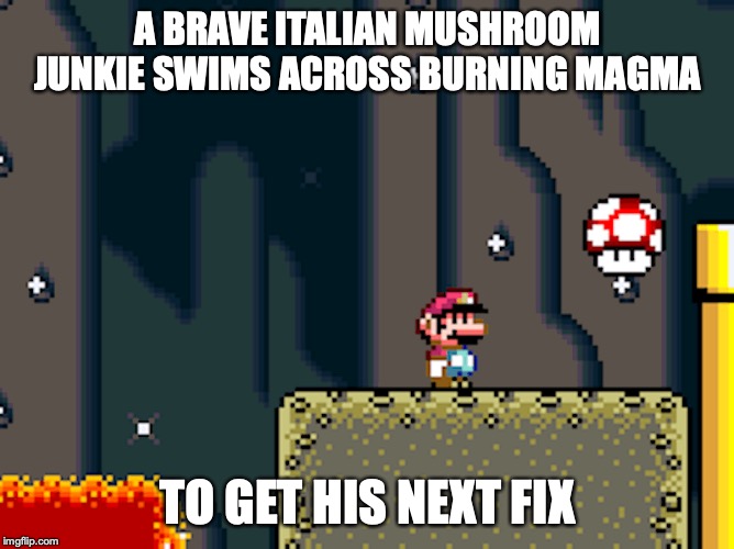 Magic Mushroom | A BRAVE ITALIAN MUSHROOM JUNKIE SWIMS ACROSS BURNING MAGMA; TO GET HIS NEXT FIX | image tagged in magic mushrooms,mario,super mario,memes | made w/ Imgflip meme maker