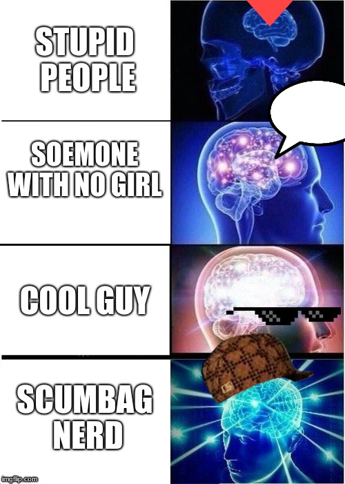 Expanding Brain | STUPID PEOPLE; SOEMONE WITH NO GIRL; COOL GUY; SCUMBAG NERD | image tagged in memes,expanding brain | made w/ Imgflip meme maker