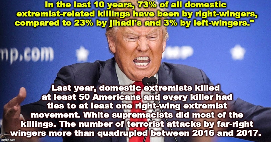 In the last 10 years, 73% of all domestic extremist-related killings have been by right-wingers, compared to 23% by jihadi's and 3% by left-wingers."; Last year, domestic extremists killed at least 50 Americans and every killer had ties to at least one right-wing extremist movement. White supremacists did most of the killings. The number of terrorist attacks by far-right wingers more than quadrupled between 2016 and 2017. | image tagged in trump,terrorism,jihad,right wing,white supremacists | made w/ Imgflip meme maker
