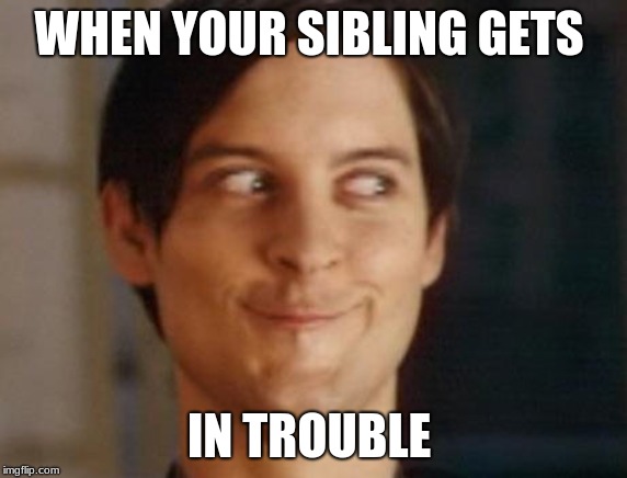 Spiderman Peter Parker | WHEN YOUR SIBLING GETS; IN TROUBLE | image tagged in memes,spiderman peter parker | made w/ Imgflip meme maker