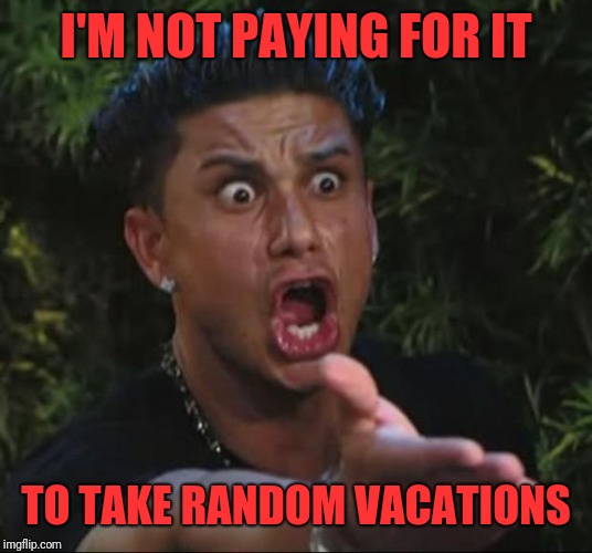 DJ Pauly D Meme | I'M NOT PAYING FOR IT TO TAKE RANDOM VACATIONS | image tagged in memes,dj pauly d | made w/ Imgflip meme maker