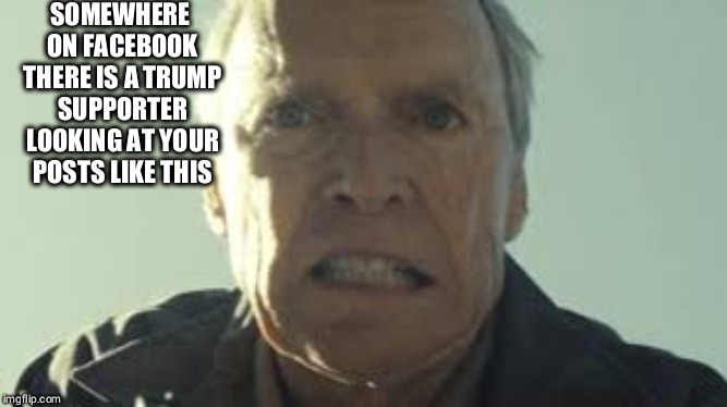 Trump supporter | SOMEWHERE ON FACEBOOK THERE IS A TRUMP SUPPORTER LOOKING AT YOUR POSTS LIKE THIS | image tagged in clint eastwood | made w/ Imgflip meme maker