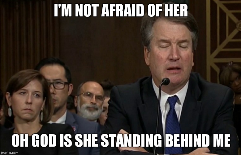 Kavanaugh and Angry Wife | I'M NOT AFRAID OF HER OH GOD IS SHE STANDING BEHIND ME | image tagged in kavanaugh and angry wife | made w/ Imgflip meme maker