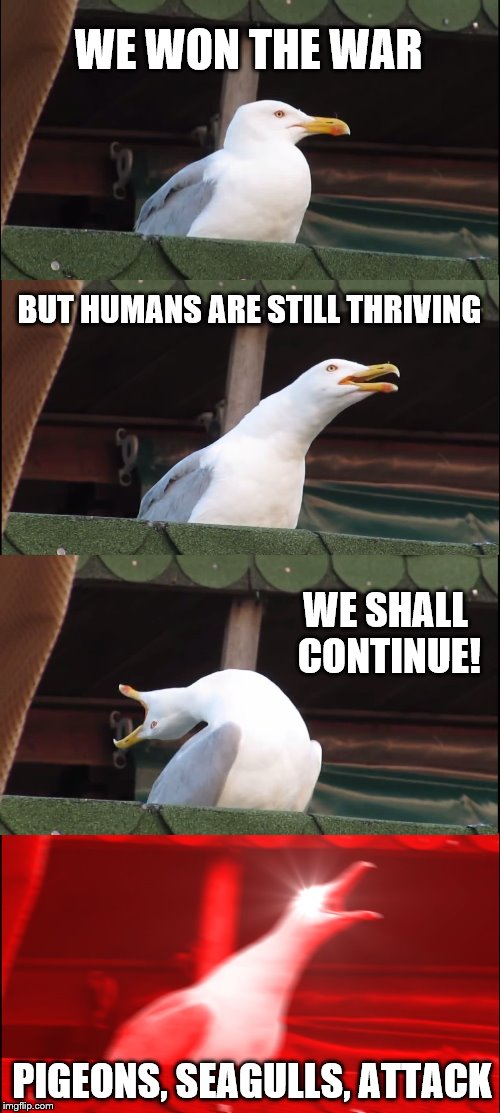 DA SEQUAL TO WAR | WE WON THE WAR; BUT HUMANS ARE STILL THRIVING; WE SHALL CONTINUE! PIGEONS, SEAGULLS, ATTACK | image tagged in memes,inhaling seagull | made w/ Imgflip meme maker