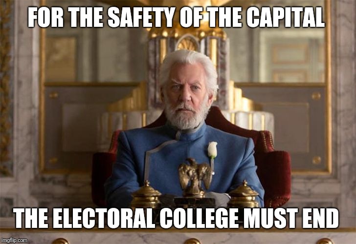 President Snow | FOR THE SAFETY OF THE CAPITAL; THE ELECTORAL COLLEGE MUST END | image tagged in president snow | made w/ Imgflip meme maker