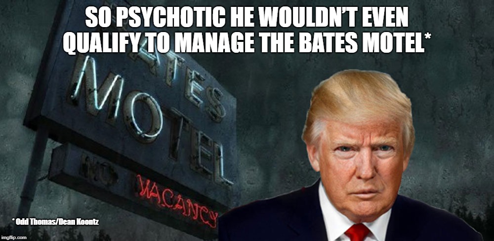 The Bates Motel | SO PSYCHOTIC HE WOULDN’T EVEN QUALIFY TO MANAGE THE BATES MOTEL*; * Odd Thomas/Dean Koontz | image tagged in trump | made w/ Imgflip meme maker