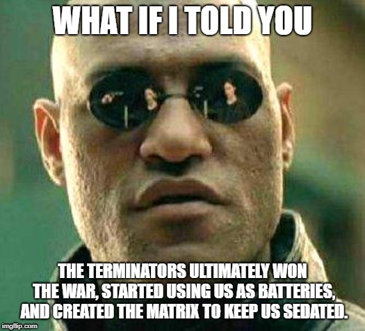 Matrix terminator meme | WHAT IF I TOLD YOU; THE TERMINATORS ULTIMATELY WON THE WAR, STARTED USING US AS BATTERIES, AND CREATED THE MATRIX TO KEEP US SEDATED. | image tagged in what if i told you,matrix,terminator | made w/ Imgflip meme maker