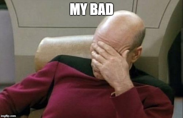 Captain Picard Facepalm Meme | MY BAD | image tagged in memes,captain picard facepalm | made w/ Imgflip meme maker