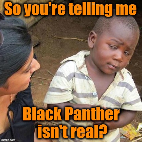 Third World Skeptical Kid | So you're telling me; Black Panther isn't real? | image tagged in memes,third world skeptical kid | made w/ Imgflip meme maker