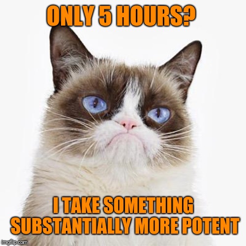 Grumpy cat white background | ONLY 5 HOURS? I TAKE SOMETHING SUBSTANTIALLY MORE POTENT | image tagged in grumpy cat white background | made w/ Imgflip meme maker