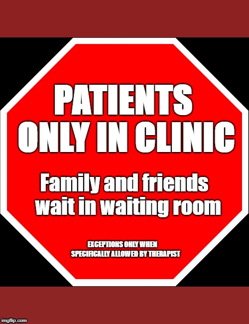 blank stop sign | PATIENTS ONLY IN CLINIC; Family and friends 
wait in waiting room; EXCEPTIONS ONLY WHEN



 SPECIFICALLY ALLOWED BY THERAPIST | image tagged in blank stop sign | made w/ Imgflip meme maker