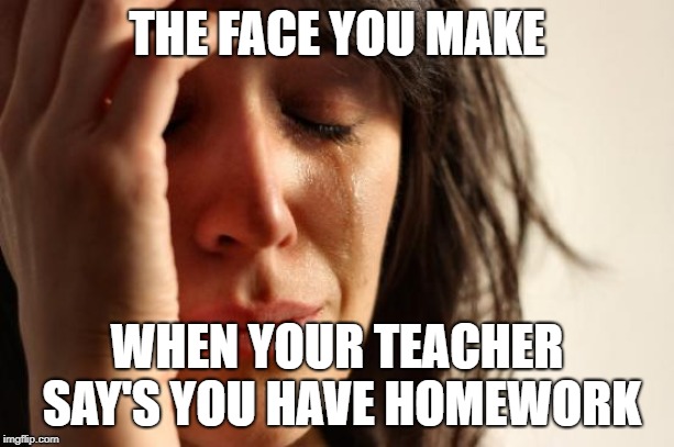 First World Problems | THE FACE YOU MAKE; WHEN YOUR TEACHER SAY'S YOU HAVE HOMEWORK | image tagged in memes,first world problems | made w/ Imgflip meme maker