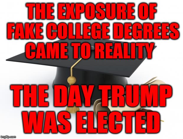 College Degree Challenge | THE EXPOSURE OF FAKE COLLEGE DEGREES CAME TO REALITY; THE DAY TRUMP WAS ELECTED | image tagged in college degree challenge | made w/ Imgflip meme maker
