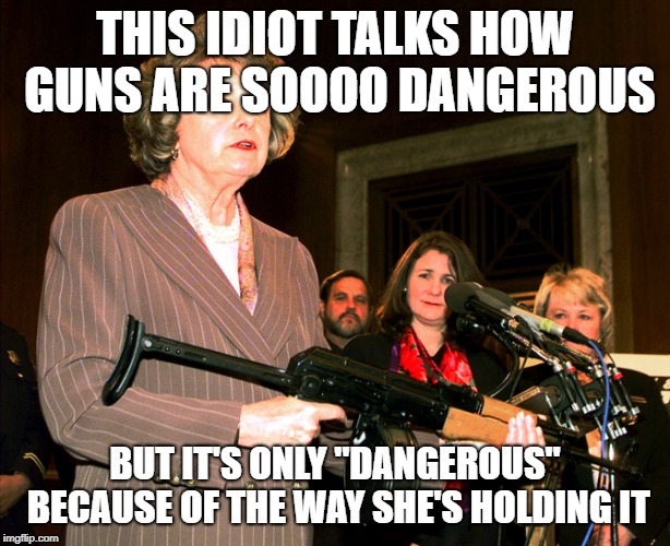 Diane Feinstein AK47 | THIS IDIOT TALKS HOW GUNS ARE SOOOO DANGEROUS; BUT IT'S ONLY "DANGEROUS" BECAUSE OF THE WAY SHE'S HOLDING IT | image tagged in diane feinstein ak47 | made w/ Imgflip meme maker