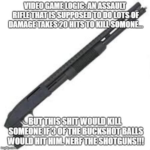 Video Game logic 101 | VIDEO GAME LOGIC: AN ASSAULT RIFLE THAT IS SUPPOSED TO DO LOTS OF DAMAGE TAKES 20 HITS TO KILL SOMONE... BUT THIS SHIT WOULD KILL SOMEONE IF 3 OF THE BUCKSHOT BALLS WOULD HIT HIM. NERF THE SHOTGUNS!!! | image tagged in shotgun | made w/ Imgflip meme maker