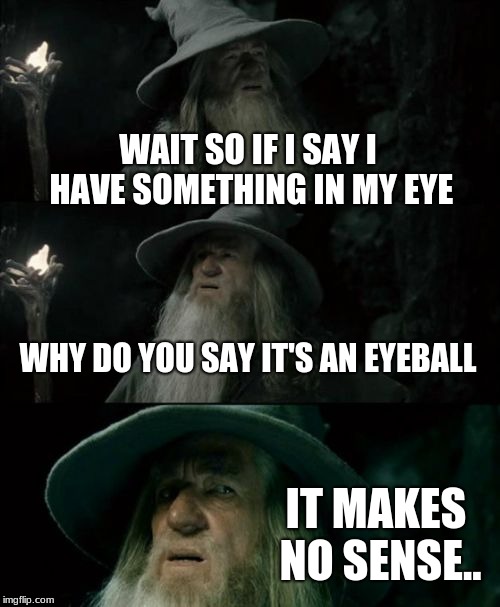 ??? | WAIT SO IF I SAY I HAVE SOMETHING IN MY EYE; WHY DO YOU SAY IT'S AN EYEBALL; IT MAKES NO SENSE.. | image tagged in memes,confused gandalf | made w/ Imgflip meme maker