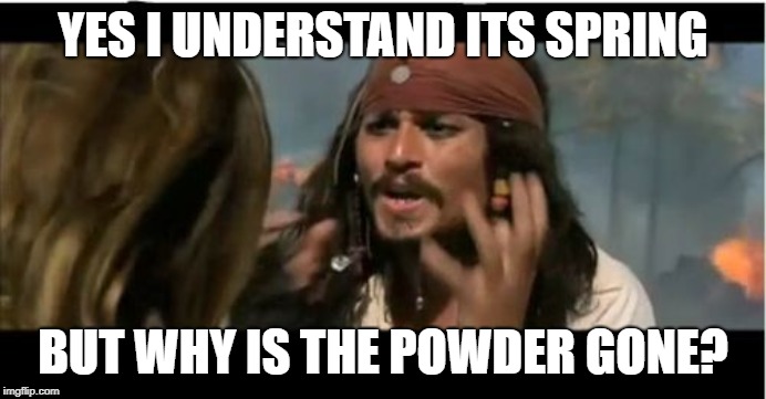 Why Is The Rum Gone | YES I UNDERSTAND ITS SPRING; BUT WHY IS THE POWDER GONE? | image tagged in memes,why is the rum gone | made w/ Imgflip meme maker