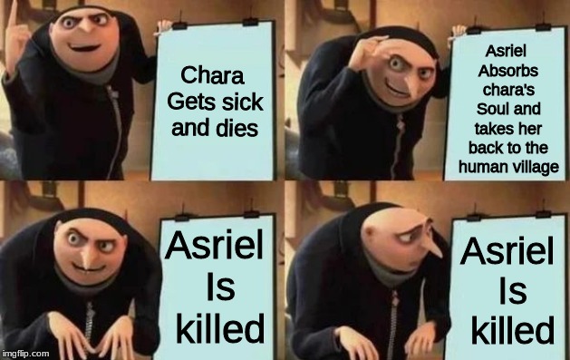 Gru's Plan | Asriel Absorbs chara's Soul and takes her back to the human village; Chara Gets sick and dies; Asriel Is killed; Asriel Is killed | image tagged in gru's plan | made w/ Imgflip meme maker