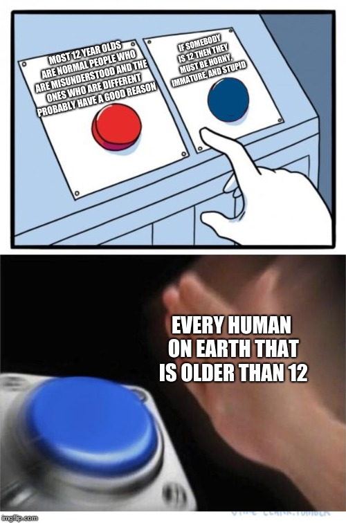 two buttons 1 blue | IF SOMEBODY IS 12 THEN THEY MUST BE HORNY, IMMATURE, AND STUPID; MOST 12 YEAR OLDS ARE NORMAL PEOPLE WHO ARE MISUNDERSTOOD AND THE ONES WHO ARE DIFFERENT PROBABLY HAVE A GOOD REASON; EVERY HUMAN ON EARTH THAT IS OLDER THAN 12 | image tagged in two buttons 1 blue | made w/ Imgflip meme maker