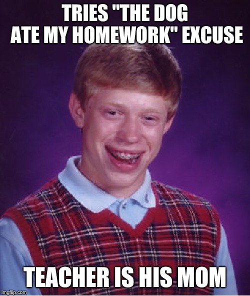But, the dog ate it! | TRIES "THE DOG ATE MY HOMEWORK" EXCUSE; TEACHER IS HIS MOM | image tagged in memes,bad luck brian,dog ate homework,homework,teacher meme,school days | made w/ Imgflip meme maker