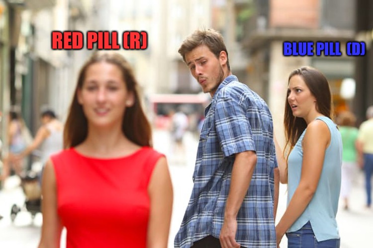 Red Pill vs Blue Pill  | RED PILL (R); BLUE PILL  (D) | image tagged in memes,distracted boyfriend,red pill blue pill,red pill,blue pill,democrats | made w/ Imgflip meme maker