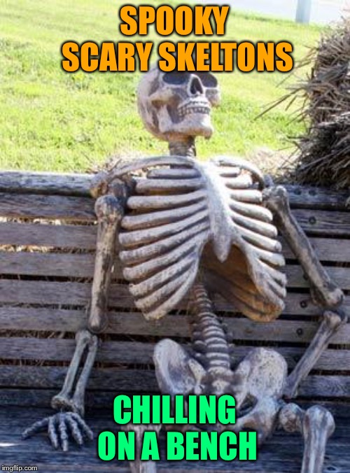 Waiting Skeleton | SPOOKY SCARY SKELTONS; CHILLING ON A BENCH | image tagged in memes,waiting skeleton | made w/ Imgflip meme maker