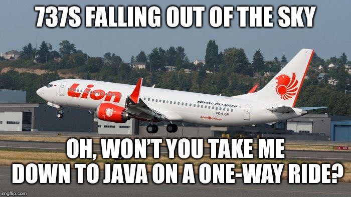 Too soon? |  737S FALLING OUT OF THE SKY; OH, WON’T YOU TAKE ME DOWN TO JAVA ON A ONE-WAY RIDE? | image tagged in boeing,737,airplanes,plane crash | made w/ Imgflip meme maker
