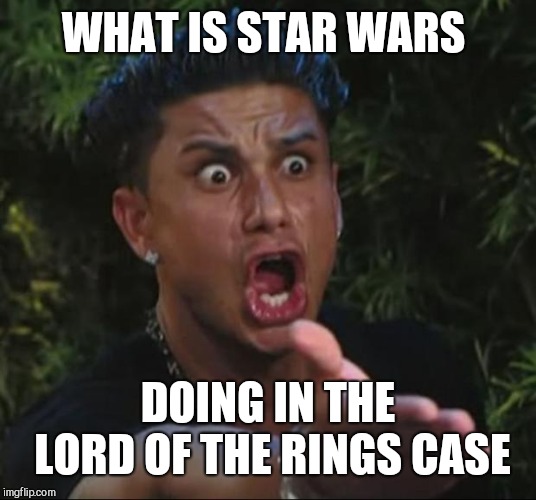 DJ Pauly D Meme | WHAT IS STAR WARS DOING IN THE LORD OF THE RINGS CASE | image tagged in memes,dj pauly d | made w/ Imgflip meme maker