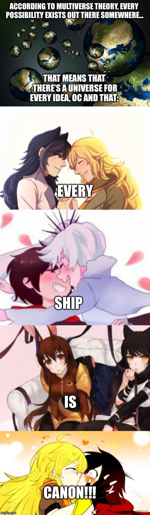 All Your Worst Nightmares | ACCORDING TO MULTIVERSE THEORY,
EVERY POSSIBILITY EXISTS OUT THERE SOMEWHERE... THAT MEANS THAT THERE’S A UNIVERSE FOR EVERY IDEA, OC AND THAT:; EVERY; SHIP; IS; CANON!!! | image tagged in multiverse,nightmares,funny,memes,rwby,ships | made w/ Imgflip meme maker