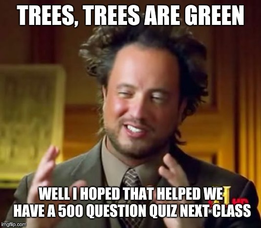 Ancient Aliens | TREES, TREES ARE GREEN; WELL I HOPED THAT HELPED WE HAVE A 500 QUESTION QUIZ NEXT CLASS | image tagged in memes,ancient aliens | made w/ Imgflip meme maker