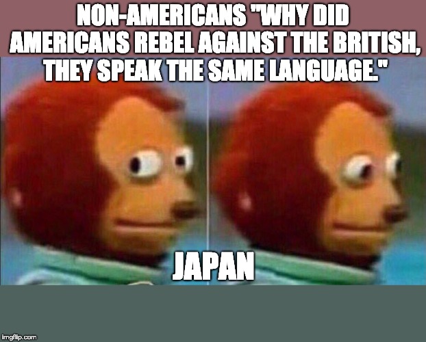 Monkey looking away | NON-AMERICANS "WHY DID AMERICANS REBEL AGAINST THE BRITISH, THEY SPEAK THE SAME LANGUAGE."; JAPAN | image tagged in monkey looking away | made w/ Imgflip meme maker