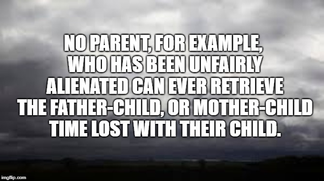 NO PARENT, FOR EXAMPLE, WHO HAS BEEN UNFAIRLY ALIENATED CAN EVER RETRIEVE THE FATHER-CHILD, OR MOTHER-CHILD TIME LOST WITH THEIR CHILD. | made w/ Imgflip meme maker