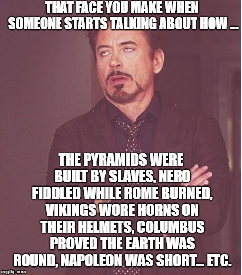 Face You Make Robert Downey Jr Meme | THAT FACE YOU MAKE WHEN SOMEONE STARTS TALKING ABOUT HOW ... THE PYRAMIDS WERE BUILT BY SLAVES, NERO FIDDLED WHILE ROME BURNED, VIKINGS WORE HORNS ON THEIR HELMETS, COLUMBUS PROVED THE EARTH WAS ROUND,
NAPOLEON WAS SHORT...
ETC. | image tagged in memes,face you make robert downey jr | made w/ Imgflip meme maker