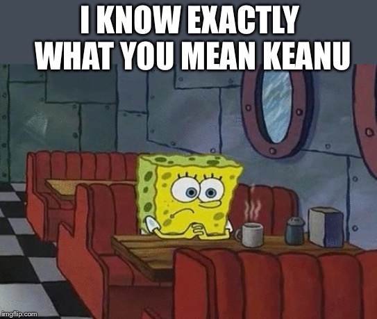 SpongeBob sitting alone | I KNOW EXACTLY WHAT YOU MEAN KEANU | image tagged in spongebob sitting alone | made w/ Imgflip meme maker