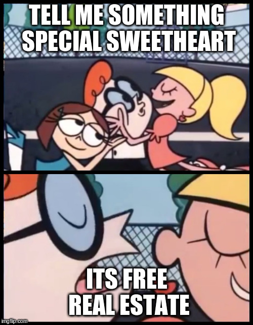 Say it Again, Dexter | TELL ME SOMETHING SPECIAL SWEETHEART; ITS FREE REAL ESTATE | image tagged in memes,say it again dexter | made w/ Imgflip meme maker