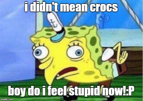 Mocking Spongebob Meme | i didn't mean crocs boy do i feel stupid now!:P | image tagged in memes,mocking spongebob | made w/ Imgflip meme maker