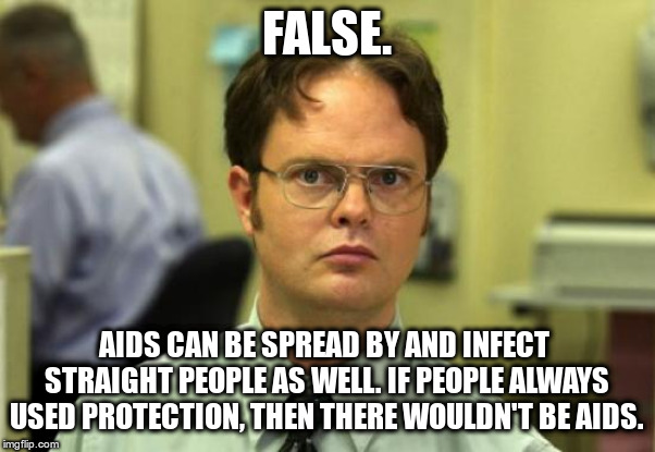 Dwight Schrute Meme | FALSE. AIDS CAN BE SPREAD BY AND INFECT STRAIGHT PEOPLE AS WELL. IF PEOPLE ALWAYS USED PROTECTION, THEN THERE WOULDN'T BE AIDS. | image tagged in memes,dwight schrute | made w/ Imgflip meme maker