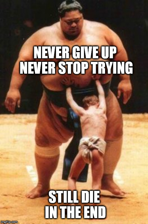 Pesado | NEVER GIVE UP NEVER STOP TRYING; STILL DIE IN THE END | image tagged in pesado | made w/ Imgflip meme maker