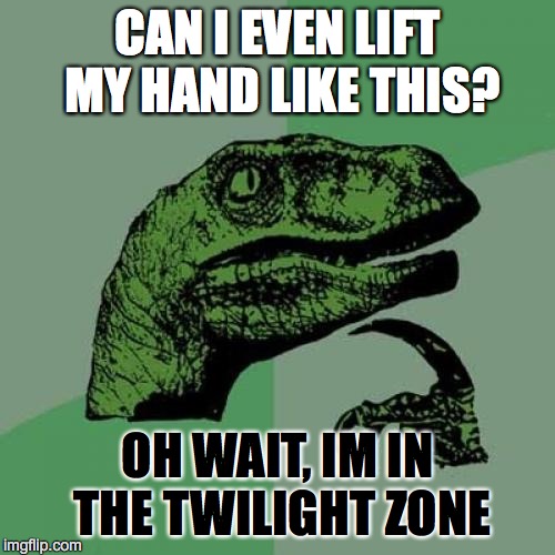 Philosoraptor Meme | CAN I EVEN LIFT MY HAND LIKE THIS? OH WAIT, IM IN THE TWILIGHT ZONE | image tagged in memes,philosoraptor | made w/ Imgflip meme maker