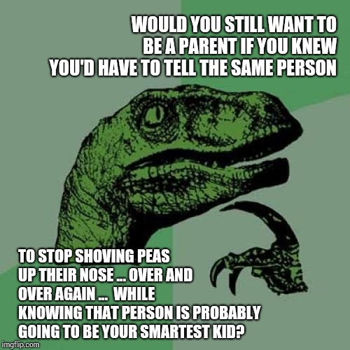Pete And Repeat | WOULD YOU STILL WANT TO BE A PARENT IF YOU KNEW YOU'D HAVE TO TELL THE SAME PERSON; TO STOP SHOVING PEAS UP THEIR NOSE ... OVER AND OVER AGAIN ...  WHILE KNOWING THAT PERSON IS PROBABLY GOING TO BE YOUR SMARTEST KID? | image tagged in memes,philosoraptor,lol so funny,special kind of stupid,kids these days,kids today | made w/ Imgflip meme maker