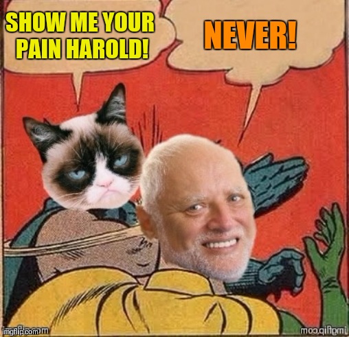 44colt's Meme Template Challenge March 18-24 (A 44colt event) Follow the link in the comments below for templates, and details | NEVER! SHOW ME YOUR PAIN HAROLD! | image tagged in memes,funny,grumpy cat,hide the pain harold,44colt's meme challenge,44colt | made w/ Imgflip meme maker