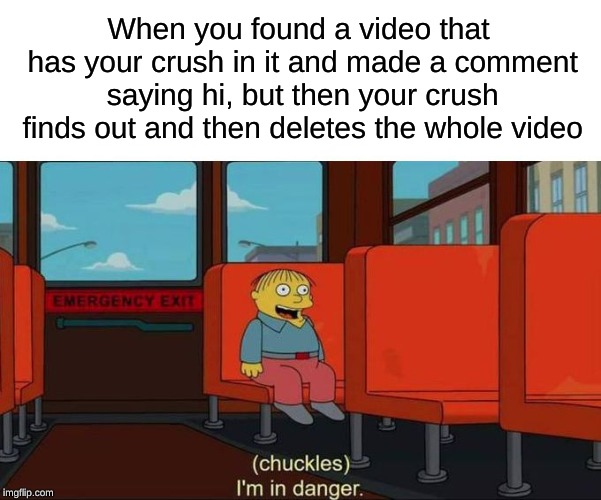 I'm in Danger + blank place above | When you found a video that has your crush in it and made a comment saying hi, but then your crush finds out and then deletes the whole video | image tagged in i'm in danger  blank place above | made w/ Imgflip meme maker