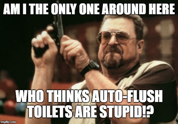 Auto-flush toilets do not like standing pissers | AM I THE ONLY ONE AROUND HERE; WHO THINKS AUTO-FLUSH TOILETS ARE STUPID!? | image tagged in memes,am i the only one around here,toilet humor,flush,bathroom,stupid | made w/ Imgflip meme maker