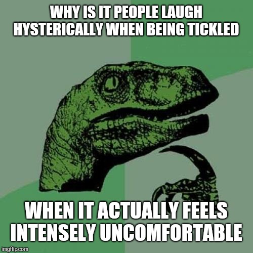 Philosoraptor Meme | WHY IS IT PEOPLE LAUGH HYSTERICALLY WHEN BEING TICKLED; WHEN IT ACTUALLY FEELS INTENSELY UNCOMFORTABLE | image tagged in memes,philosoraptor,tickle | made w/ Imgflip meme maker