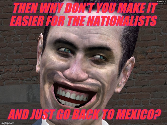 . | THEN WHY DON'T YOU MAKE IT EASIER FOR THE NATIONALISTS AND JUST GO BACK TO MEXICO? | image tagged in g-man from half-life | made w/ Imgflip meme maker