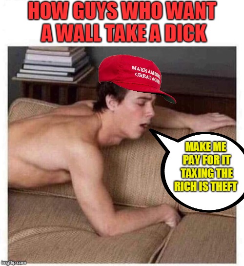nazi faggots for a wall  | HOW GUYS WHO WANT A WALL TAKE A DICK; MAKE ME PAY FOR IT TAXING THE RICH IS THEFT | image tagged in maga,trump wall | made w/ Imgflip meme maker