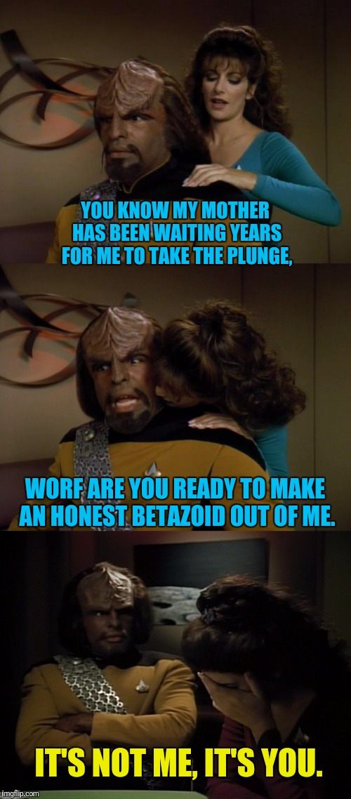 Worf Comes To His Senses | YOU KNOW MY MOTHER HAS BEEN WAITING YEARS FOR ME TO TAKE THE PLUNGE, WORF ARE YOU READY TO MAKE AN HONEST BETAZOID OUT OF ME. IT'S NOT ME, IT'S YOU. | image tagged in star trek the next generation,lieutenant worf,deanna troi,marriage,its not going to happen | made w/ Imgflip meme maker